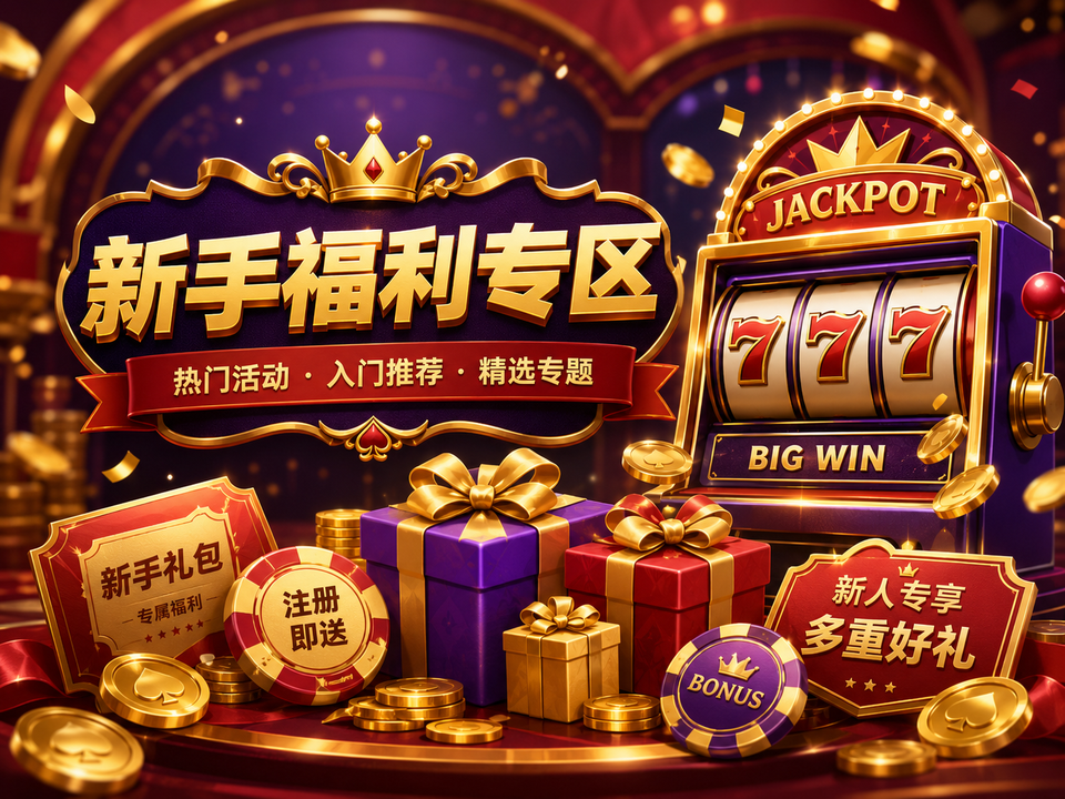 新手福利专区视觉中的礼盒、金币和老虎机图形
